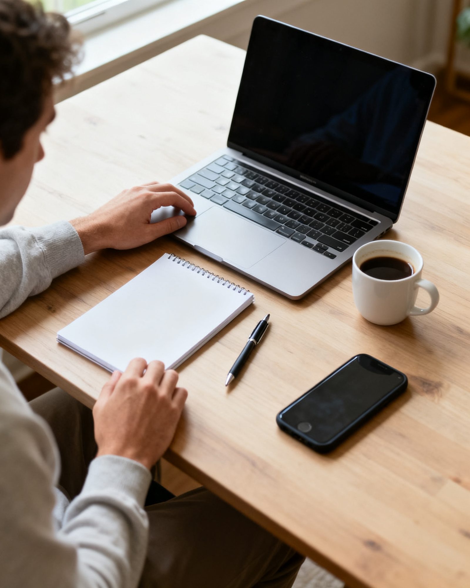 A person at a home desk with a laptop, a notepad and a cup of coffee